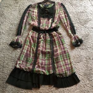 🆕Silk Chiffon Velvet Plaid Dress! Rich Forest Green/Plum! Lined Skirt! Size: L